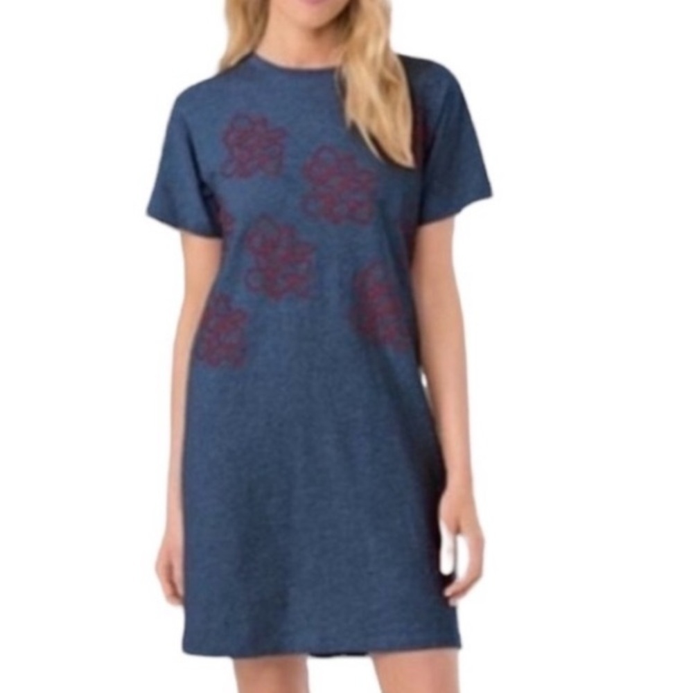 Philosophy Blue Mini T Shirt Dress with‎ Red Embroidered Flowers. 100% Cotton